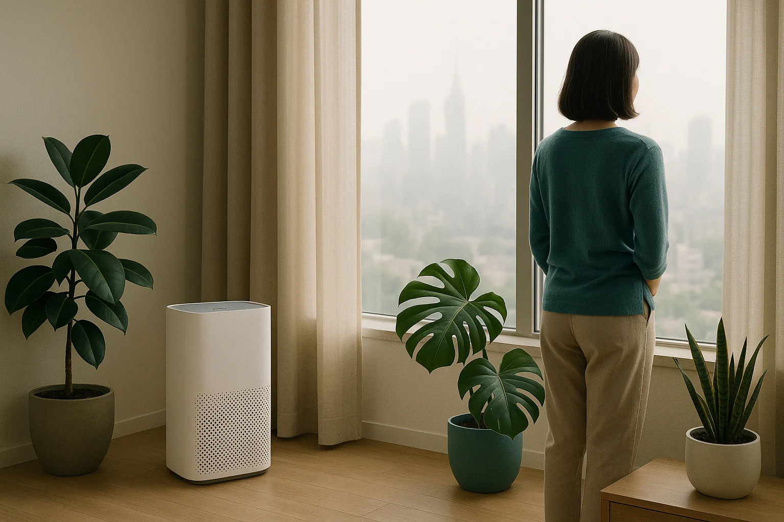 An air quality calculator results panel shows AQI values with green‑to‑maroon color bands, health tiers, activity guidance, and tips for masks and ventilation.