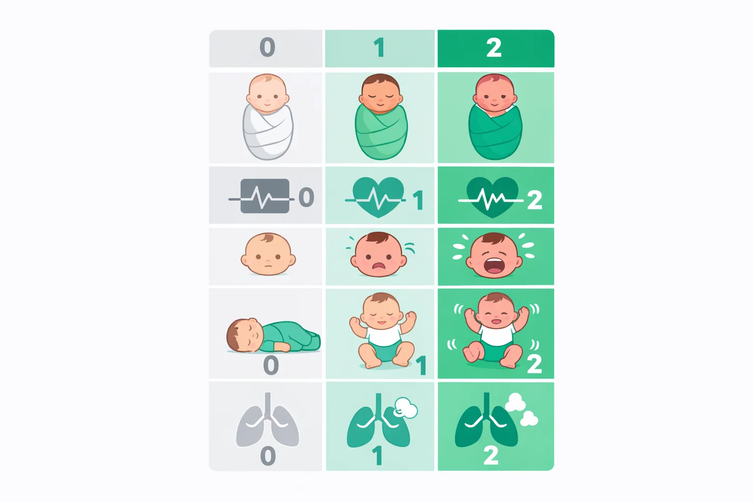 Medical illustration of the five Apgar criteria — Appearance, Pulse, Grimace, Activity, Respiration — as a 0-1-2 scoring grid with color-coded 0 to 10 ranges.