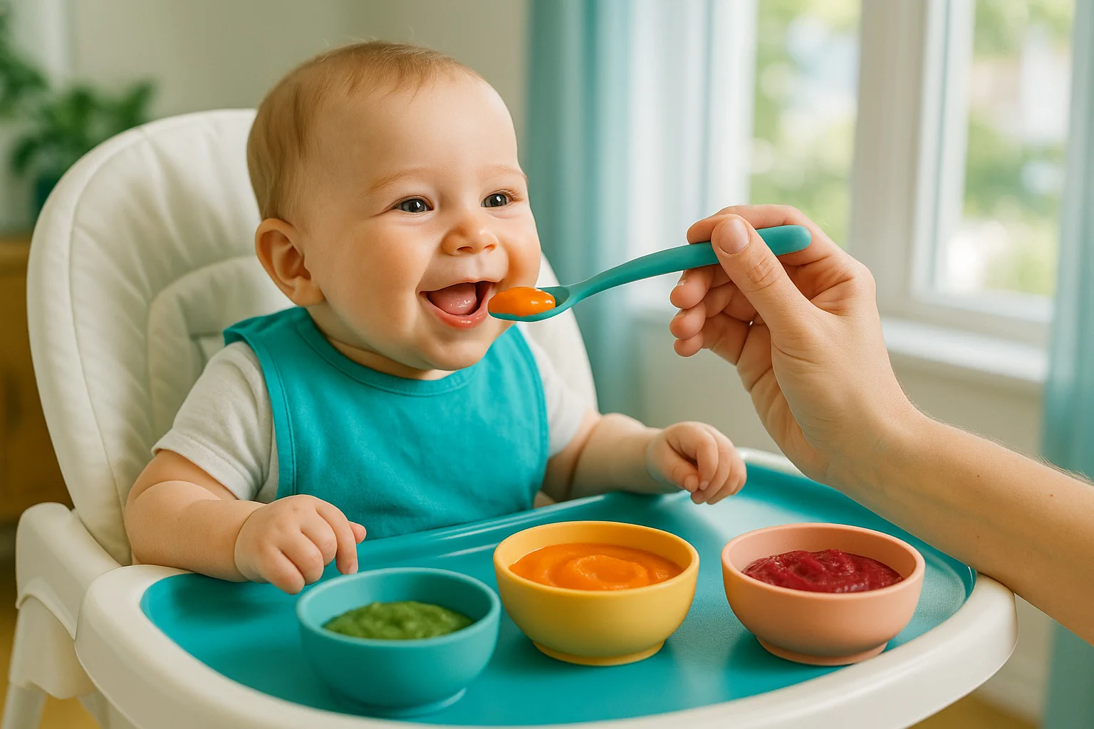 Planner from the baby food calculator showing age‑based portion sizes per meal, a meal frequency plan, and notes to log new foods and possible allergens.
