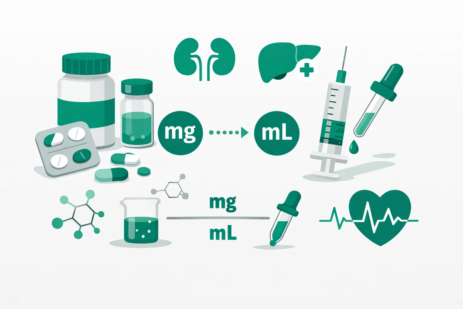 Medication dosing illustration showing how many mL a milligram dose becomes at common liquid drug concentrations, with an oral syringe and labeled bottles.