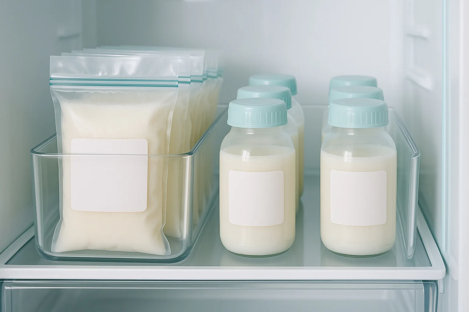 Clean card view from the breast milk storage calculator showing room, fridge, and freezer safe-until times with labels to organize and date expressed milk.