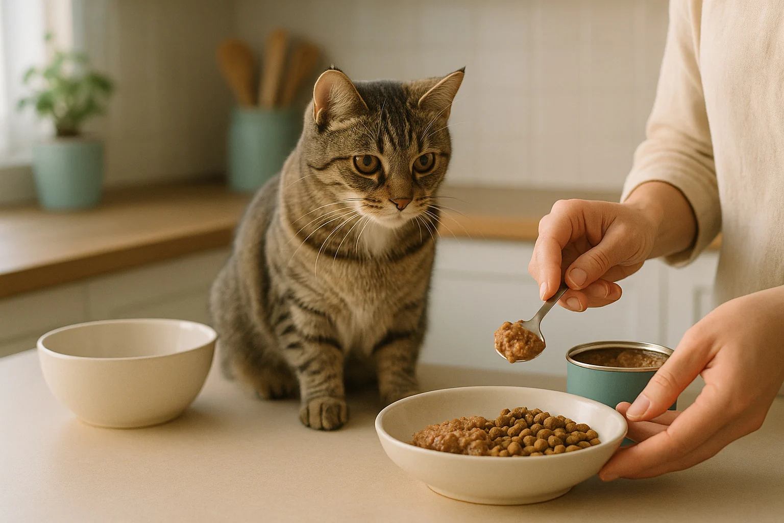 A cat calorie calculator display with labeled inputs for weight, age, and activity and a kcal/day result. The cat calorie calculator supports portion planning.
