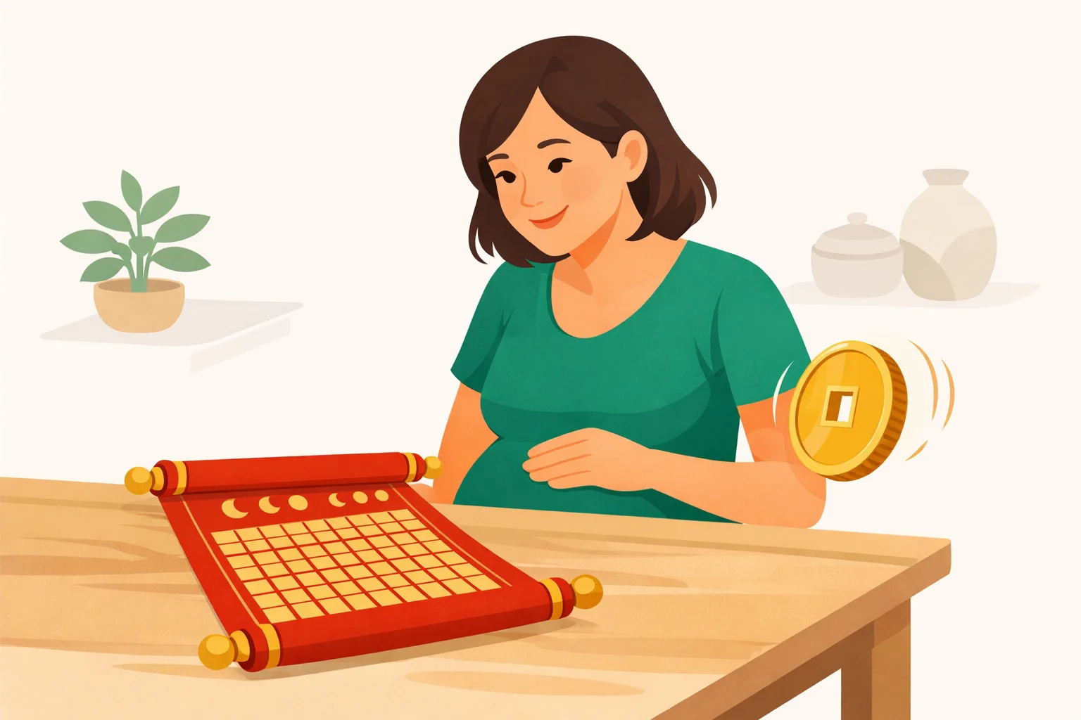 Illustration of a smiling pregnant adult at a wooden table looking at a red-and-gold Chinese calendar scroll with a decorative grid and moon phases, while a gold coin spins in the air beside them.