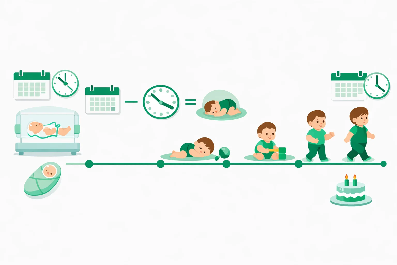 Timeline showing a premature infant's chronological age minus weeks of prematurity equaling corrected age, with milestone markers shifted along the track