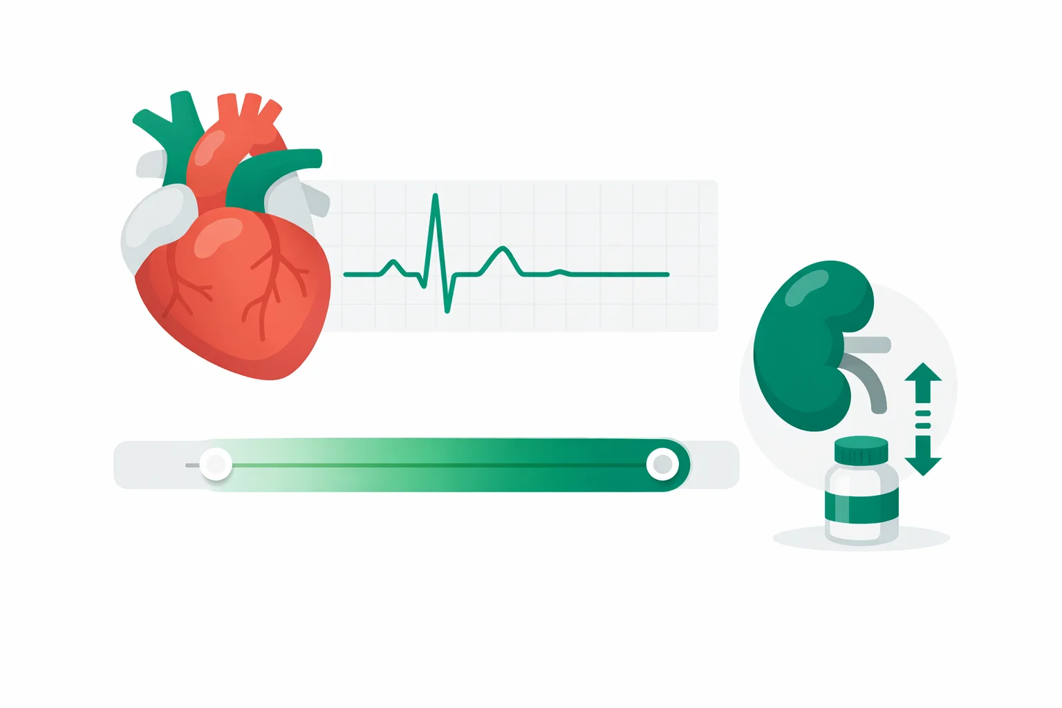 Medical illustration of a heart with an ECG trace beside a digoxin therapeutic window bar from 0.5 to 2.0 ng/mL and a kidney icon adjusting the daily dose