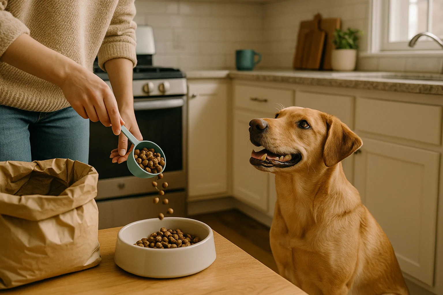 A dog calorie calculator display with labeled inputs for weight, age, activity, and neuter status, plus kcal/day results and portions in cups, grams, and cans.