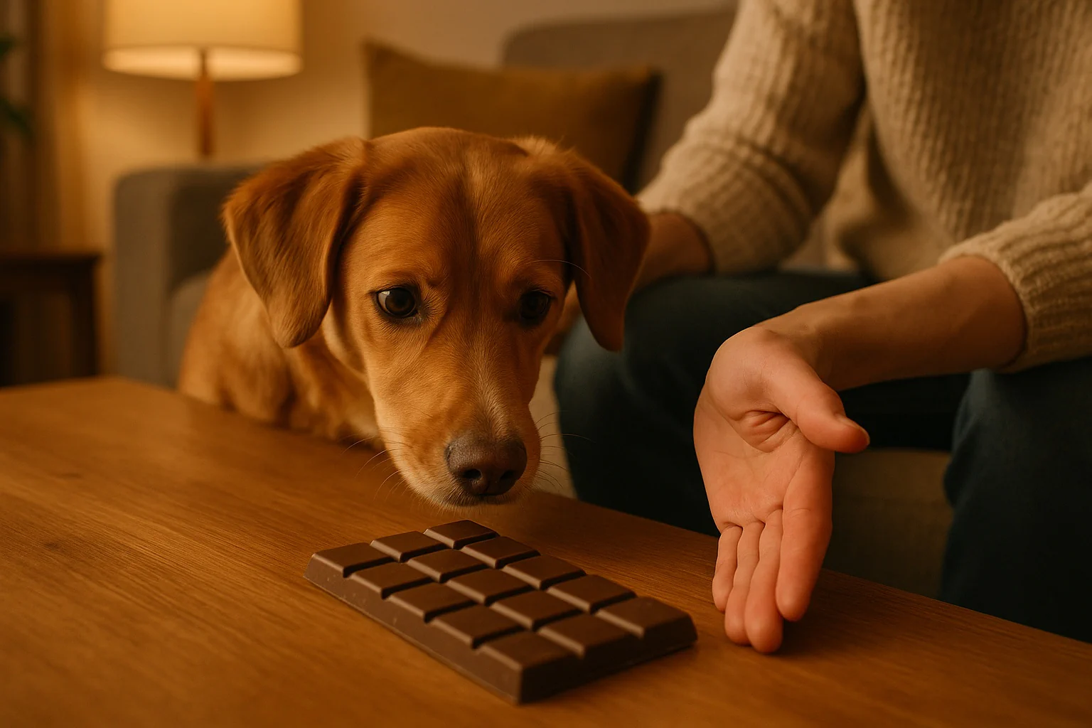 Screen from the dog chocolate calculator highlighting weight, chocolate type, and mg/kg context, with clear safe/unsafe indicators and urgency cues by type.