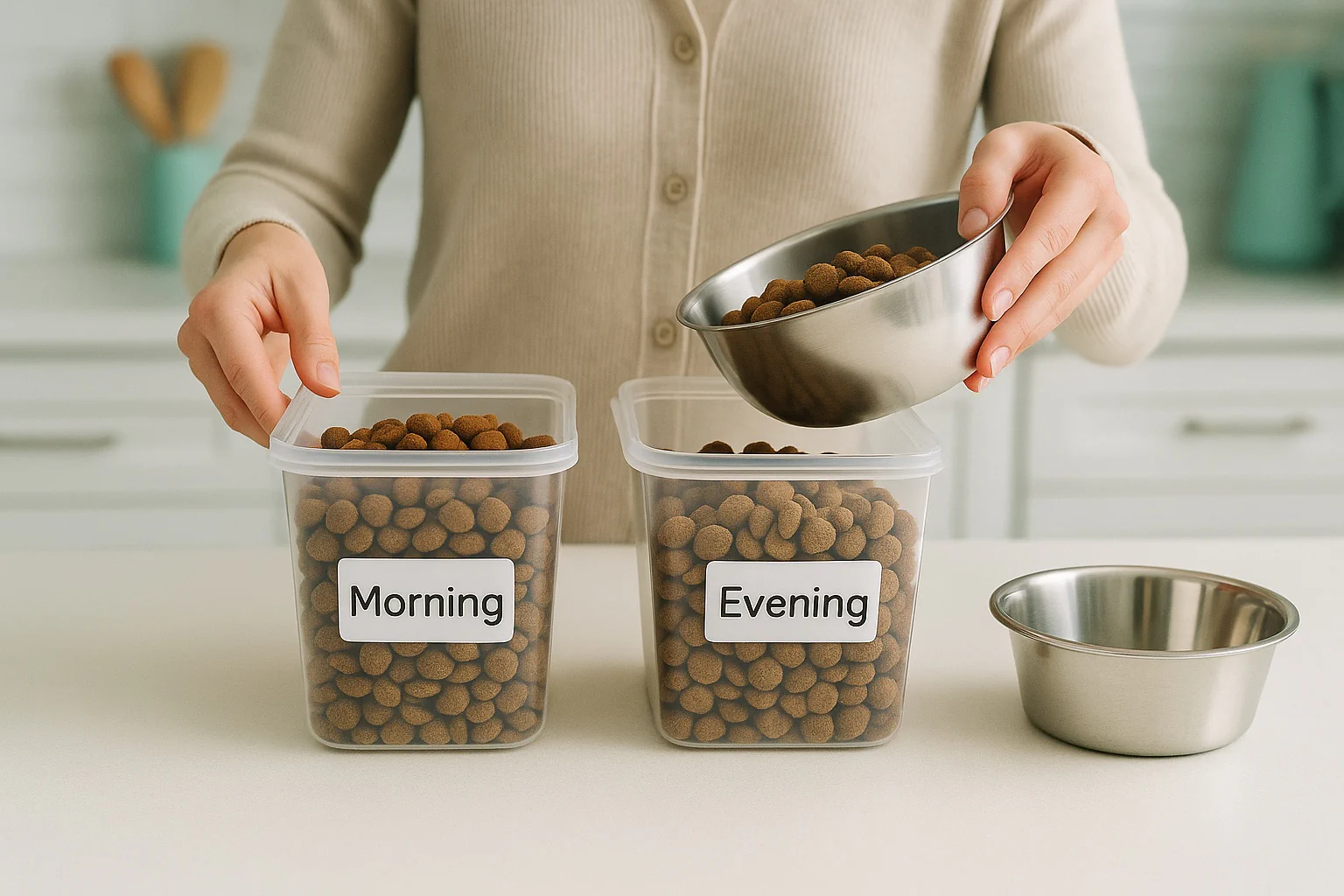 A dog food calculator interface turning calorie targets into cups or grams with labeled inputs. The dog food calculator supports treat allowances and plans.