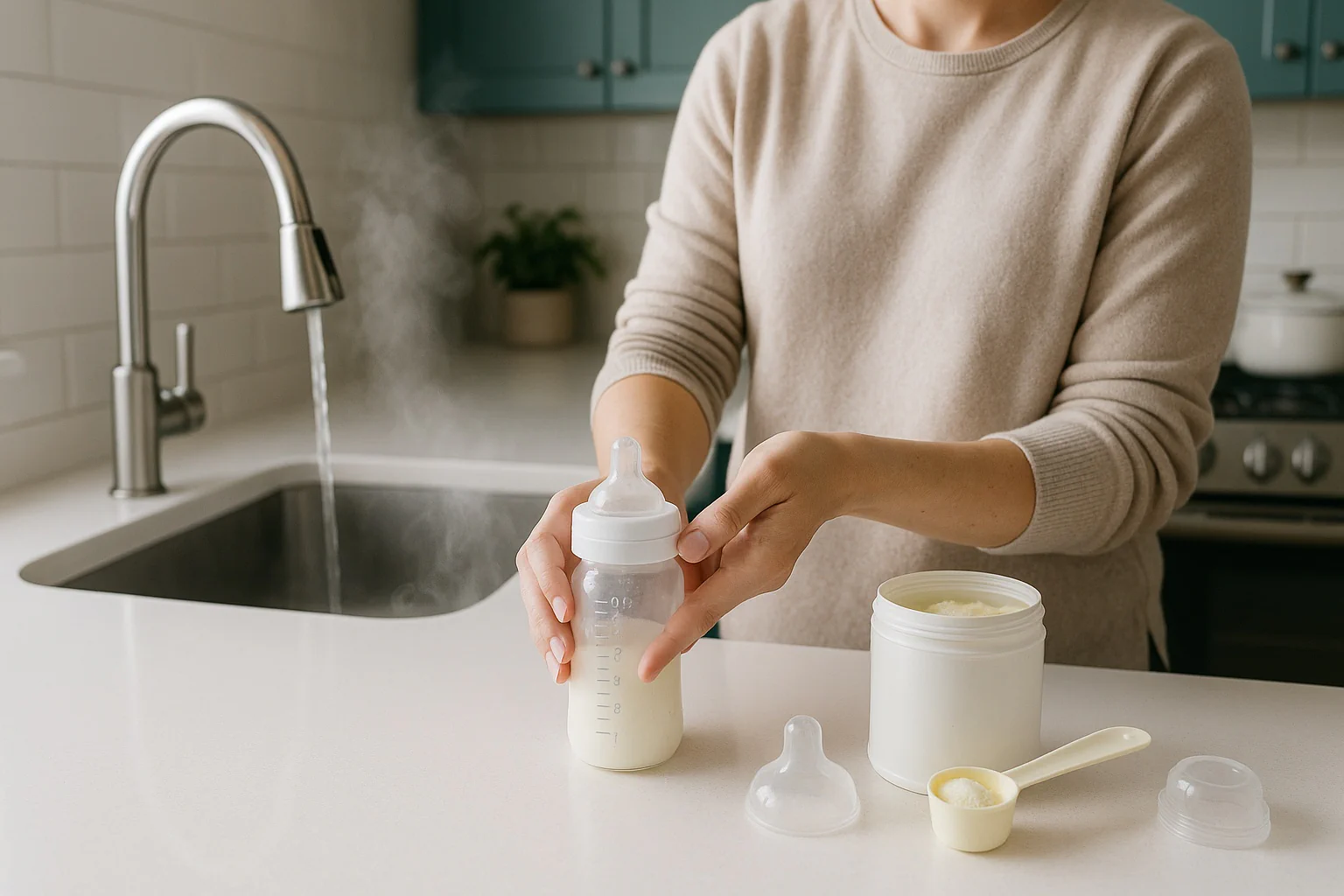 Helper from the formula calculator showing bottle size per feed and daily totals by age and weight, with safety reminders and a predictable schedule overview.
