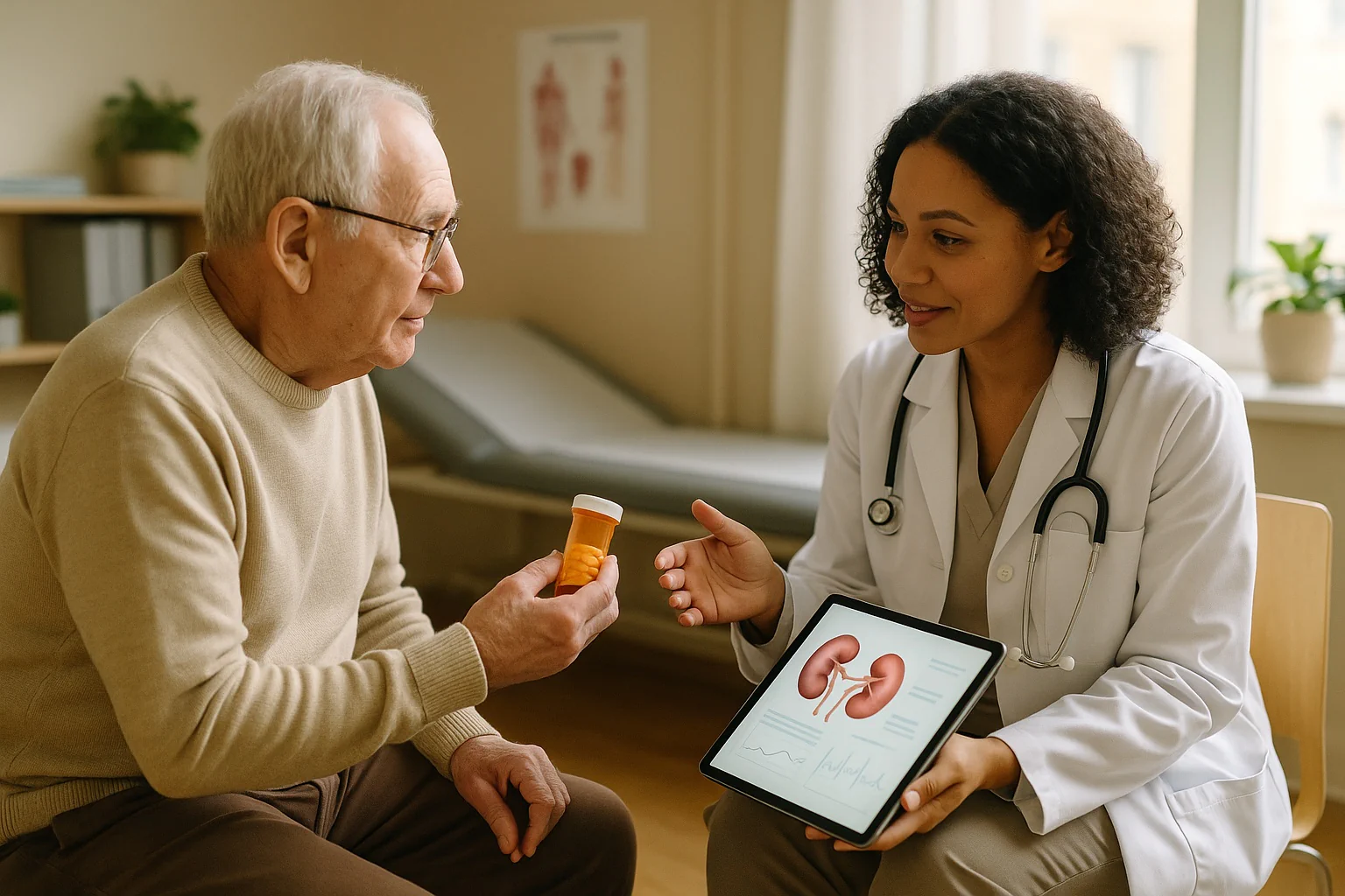 Clean geriatric dose calculator UI with age, sex, weight, height, and creatinine inputs, plus creatinine clearance, dose percent suggestion, and interval tips.