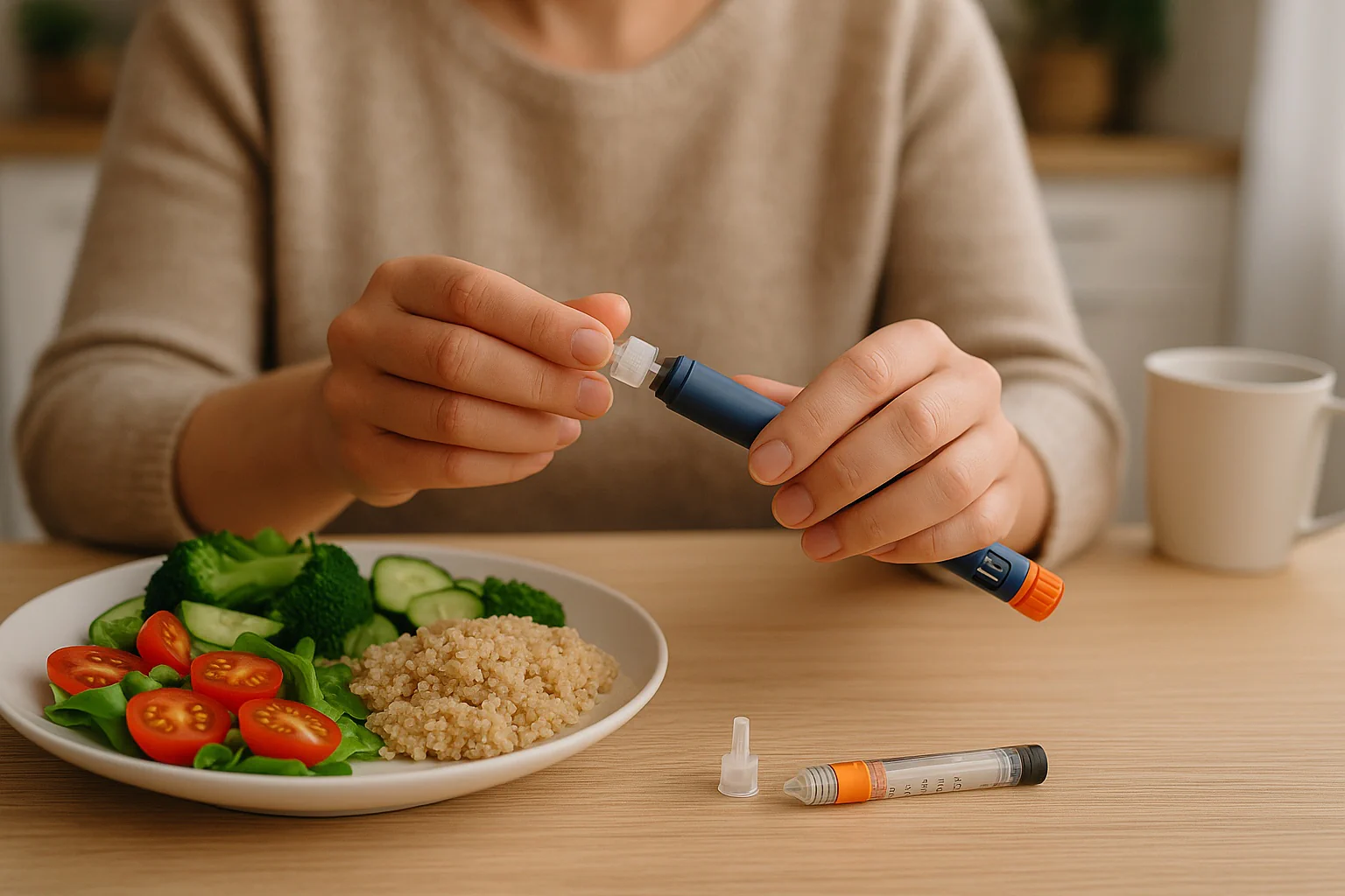 An insulin calculator interface with fields for carbs, glucose, target, and IOB, showing a calculated mealtime bolus with safety notes and labels in a layout.