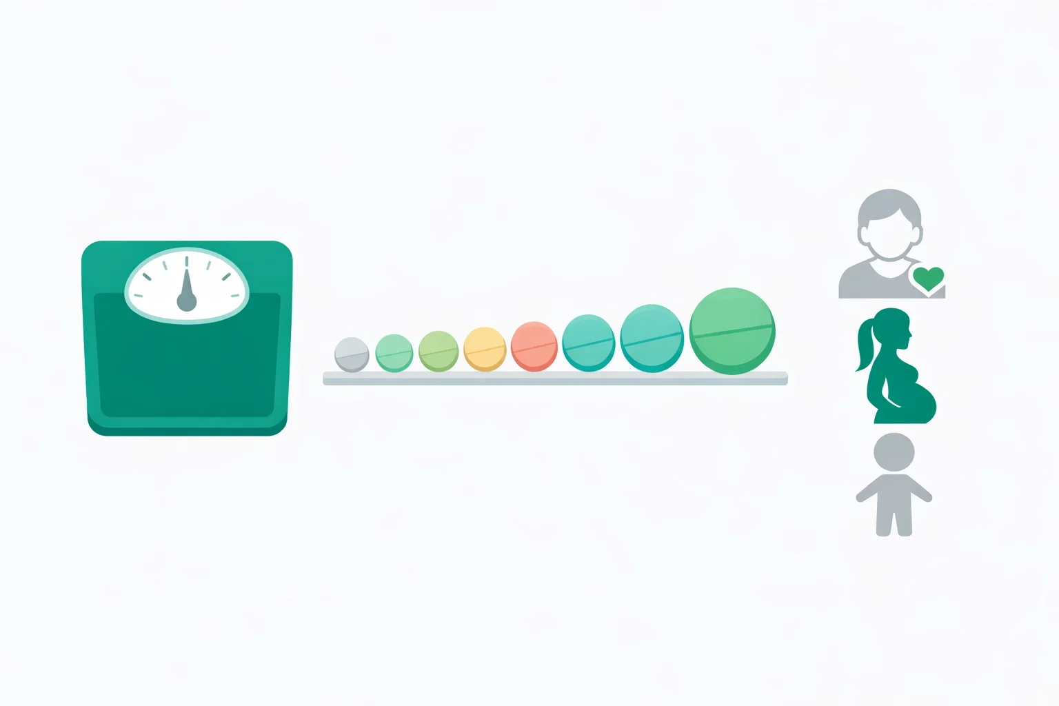 Illustration of a weight scale beside a row of colour-coded tablets rising in size, with icons of an older adult with a heart, a pregnant figure and a child