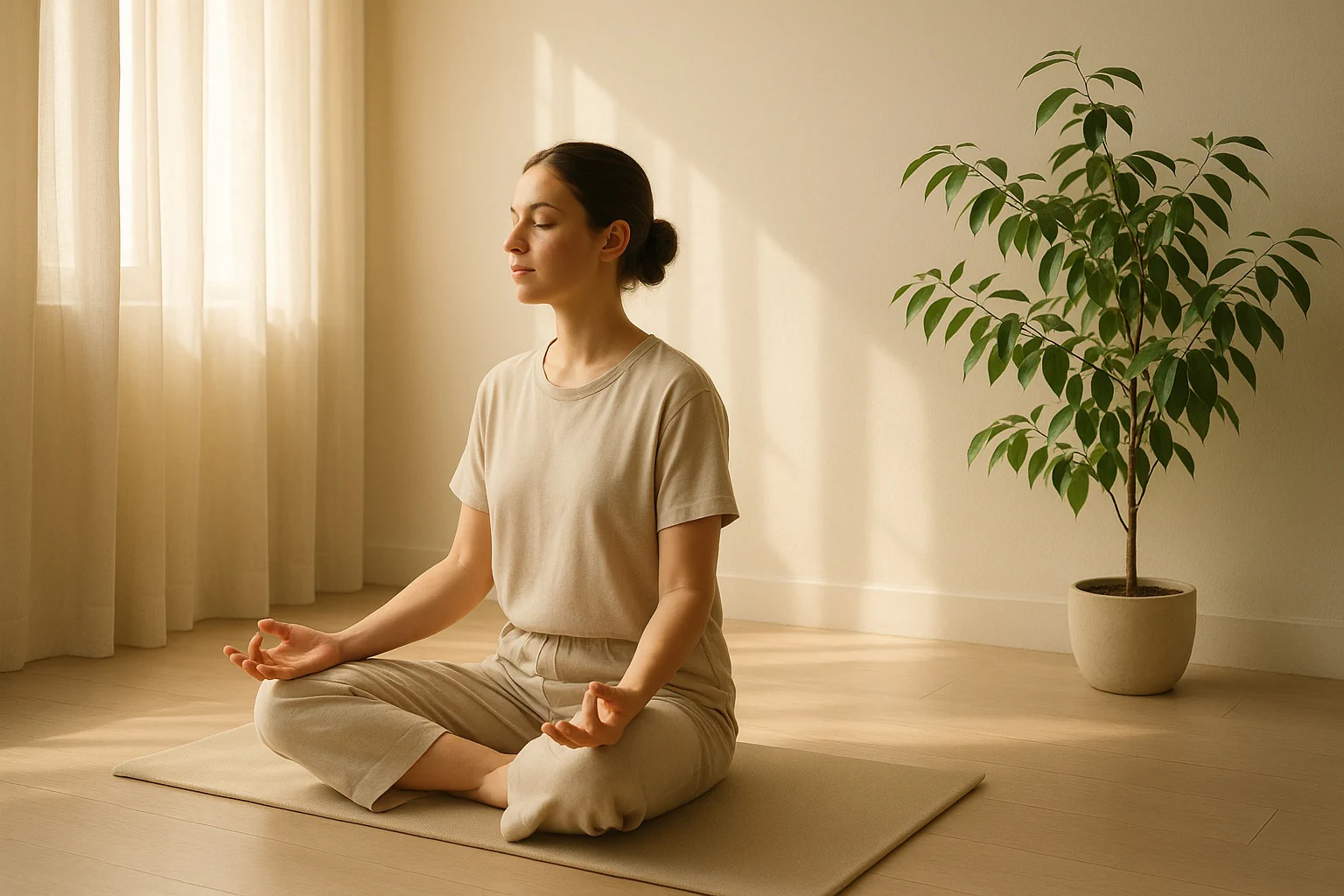 Screen from the meditation timer calculator with adjustable session length, bell options, and streak tracking, plus notes to reflect briefly after each sit.