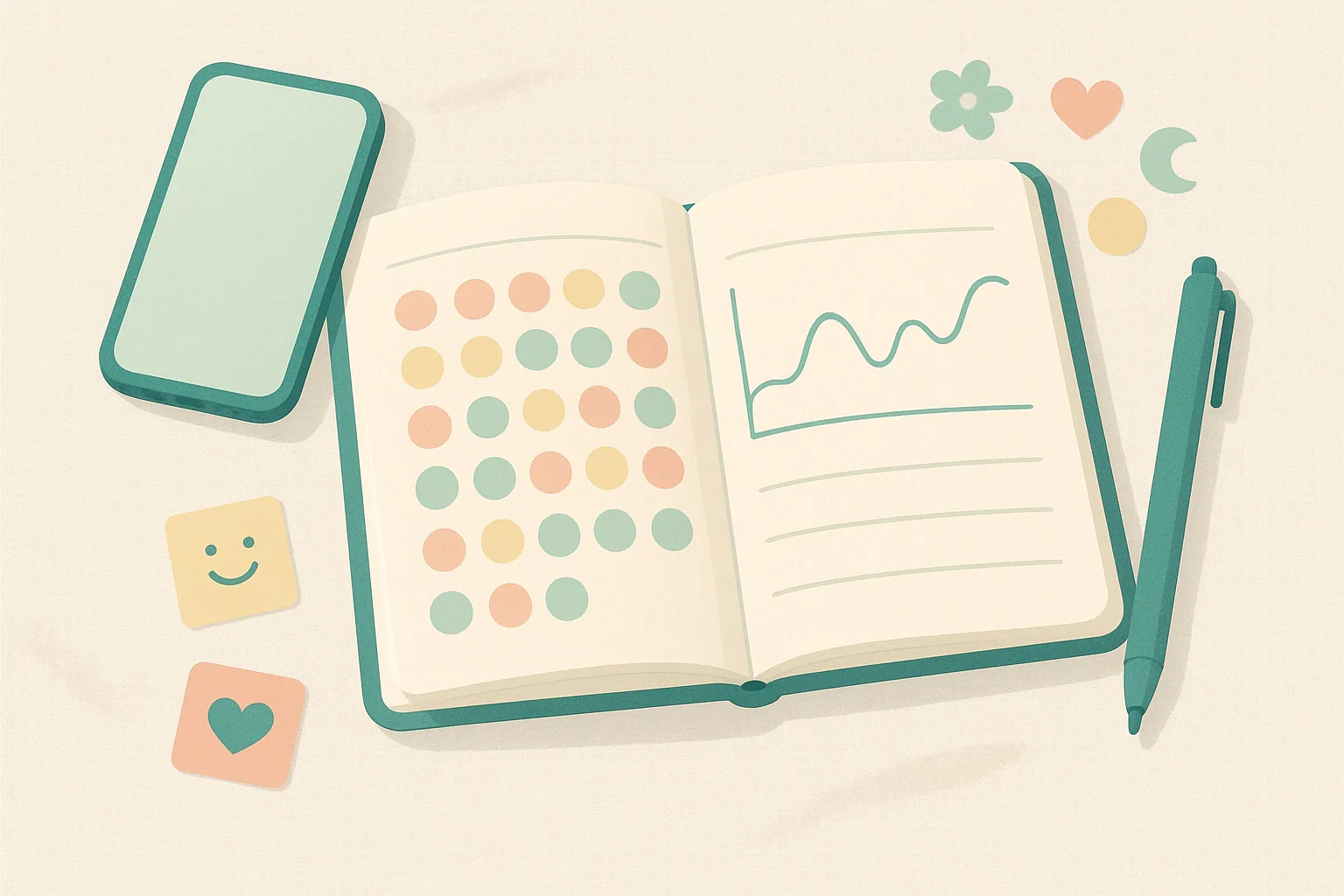 Timeline from the mood calculator with daily entries, mood tags, and trend charts, plus insights and notes so you can spot patterns and build helpful habits.