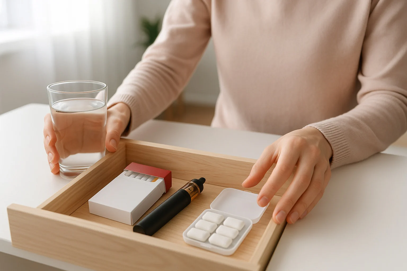 Nicotine calculator on mobile showing daily mg intake, cigarette equivalents, and an e‑liquid mix breakdown with PG/VG and flavor volumes in clear cards.