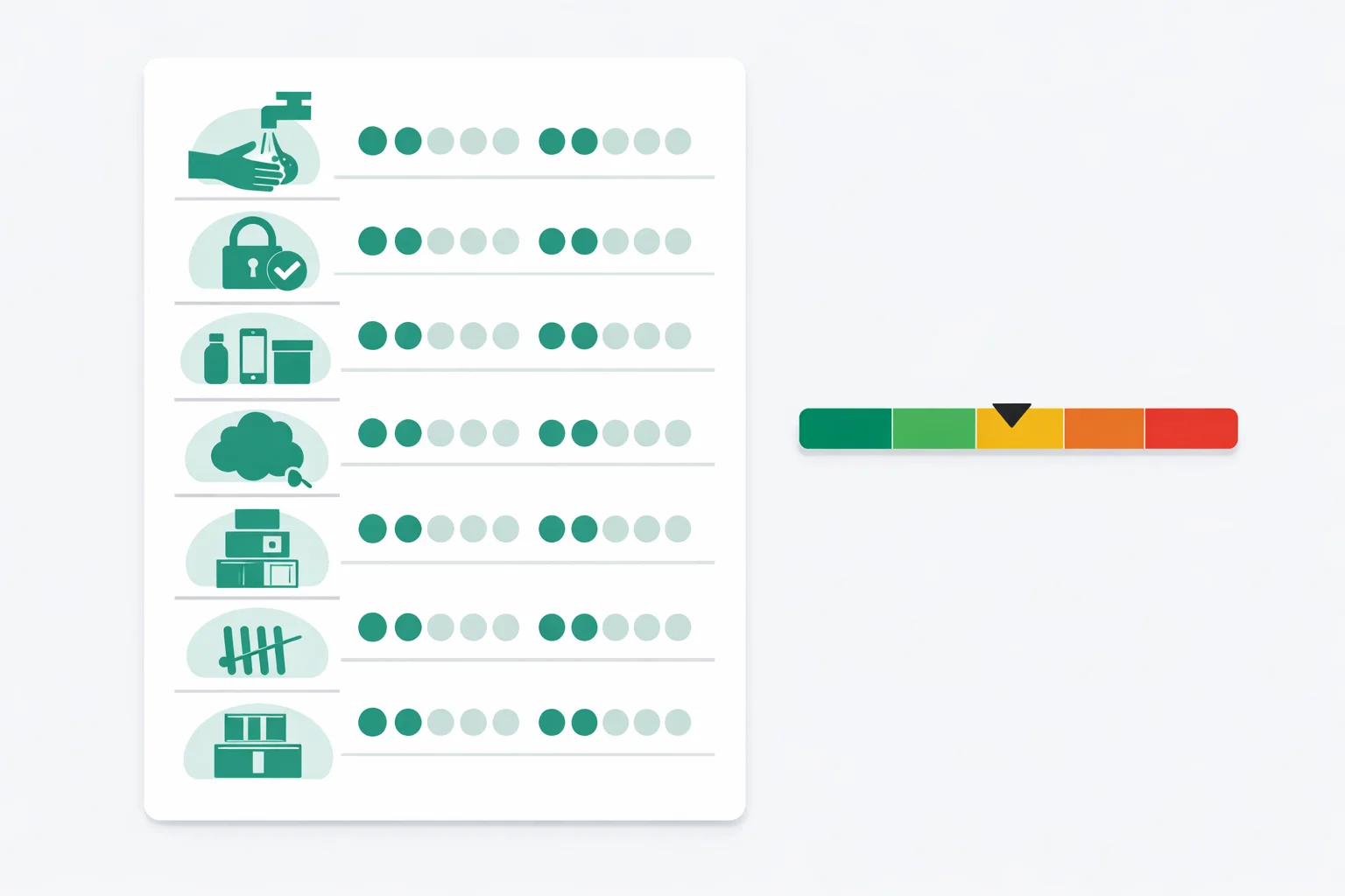 Illustration of an OCD self-test checklist card with symptom icons and rows of rating dots beside a severity scale divided into five colored bands with a marker in the middle