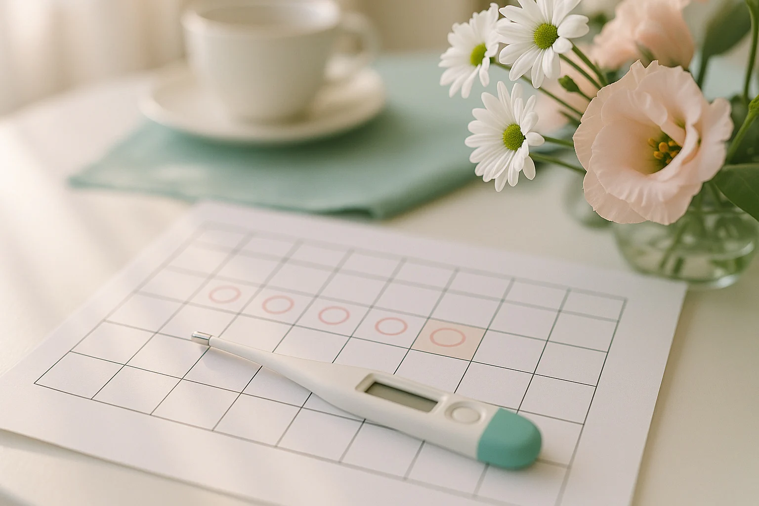 The ovulation calculator screen presents cycle length, luteal‑phase adjustment, and predicted ovulation day with a calendar overlay for at‑a‑glance timing.