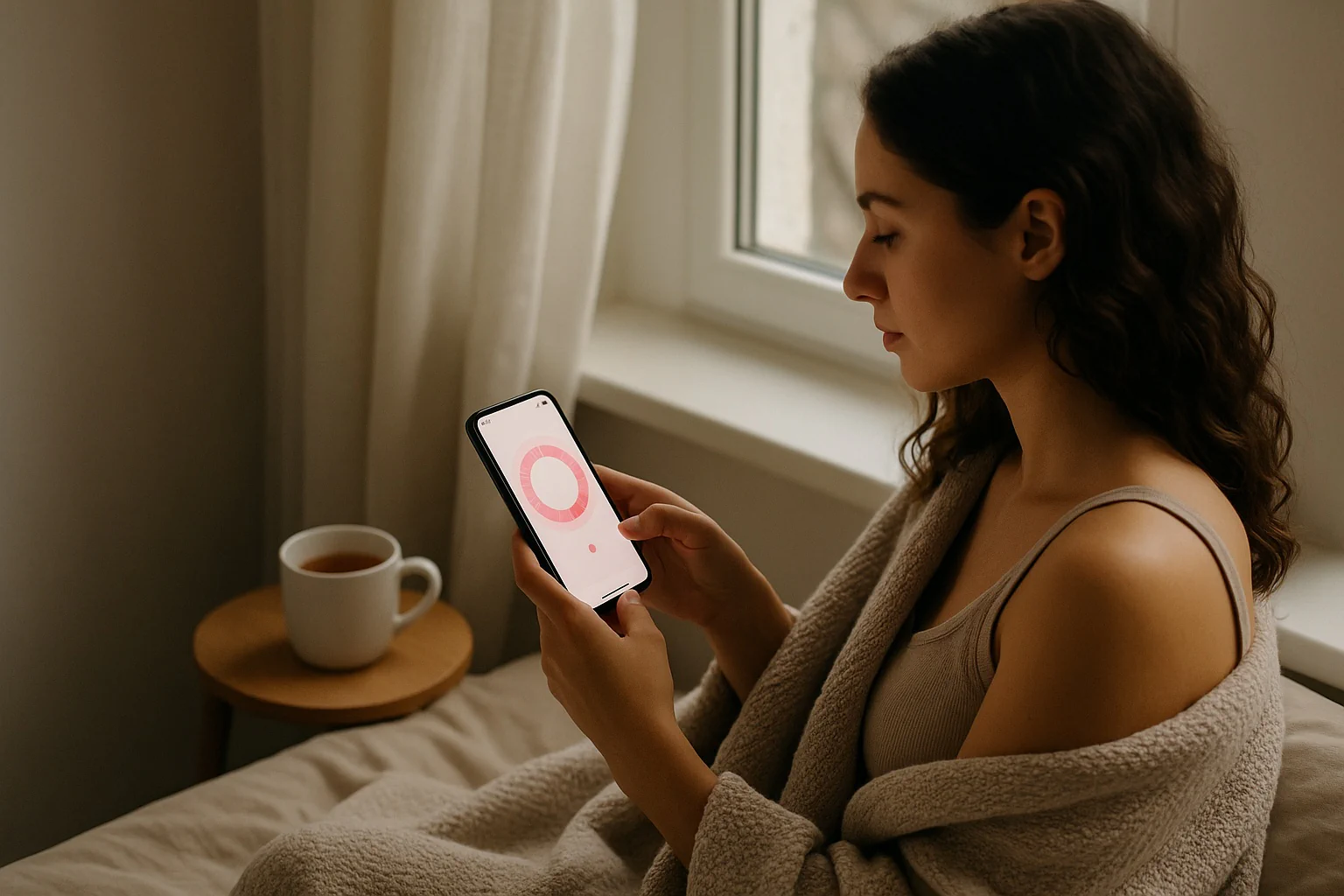 Calendar view from our period calculator highlighting next period days, ovulation date and fertile window, with simple color cues and controls for planning.