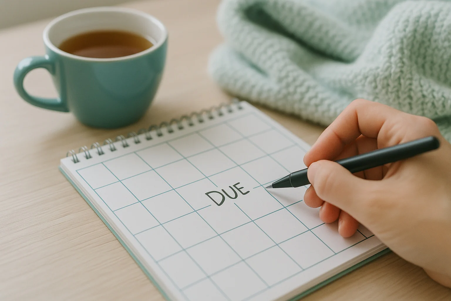 Pregnancy due date calculator layout with LMP, ultrasound, and conception/IVF options showing EDD, gestational age today, trimester dates, and simple export.