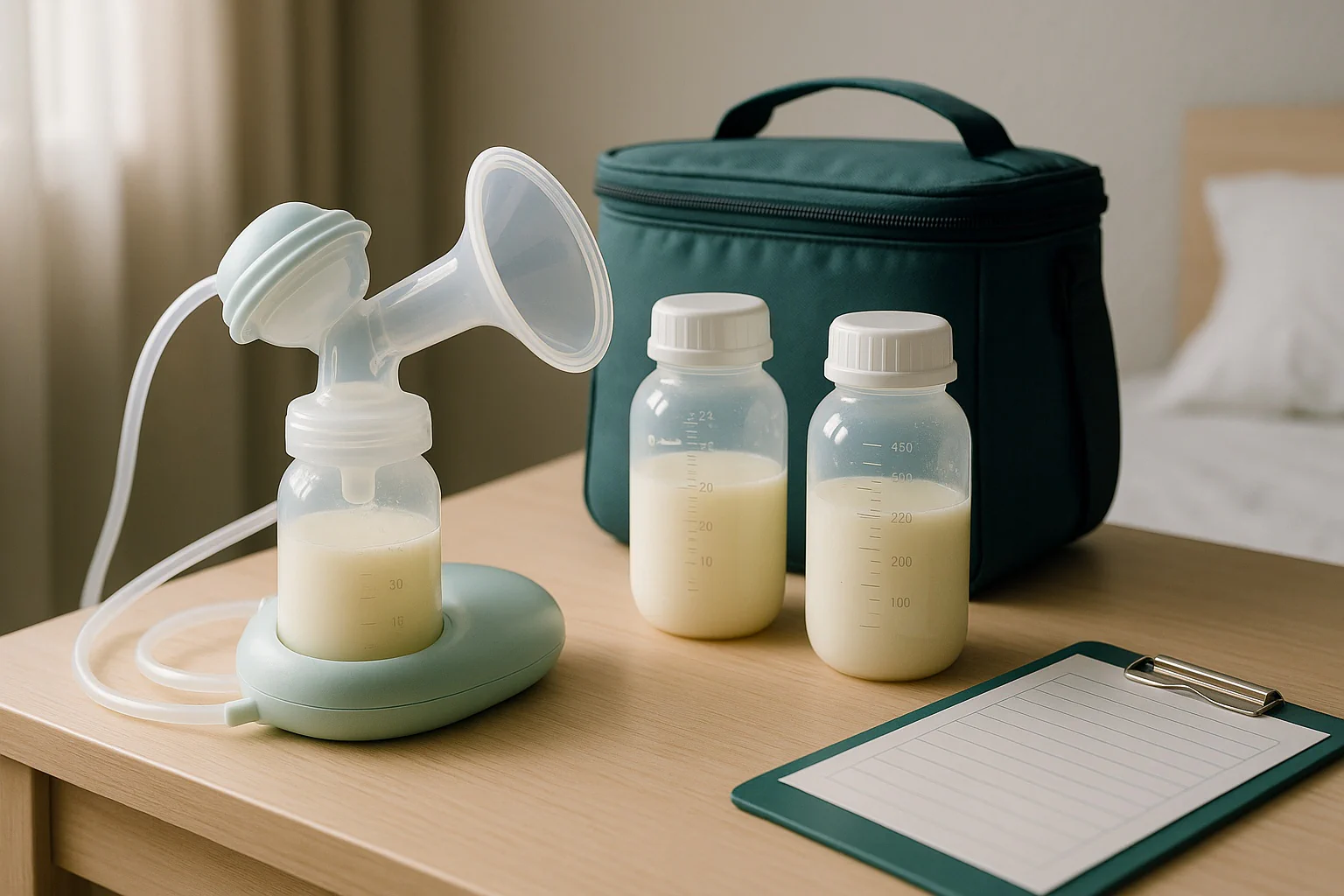 Clean overview from the pumped milk calculator showing daily intake estimate, bottles for a workday, pumping output, and a freezer stash plan with targets.