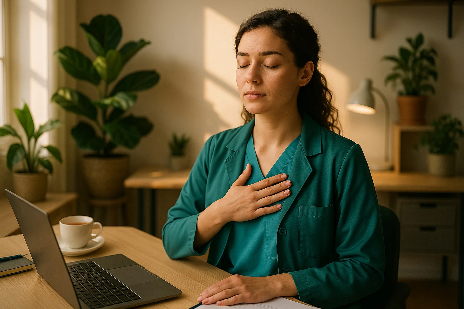 Illustration from the stress calculator showing your score, triggers, and suggested coping steps, with a simple weekly tracker to notice patterns over time.