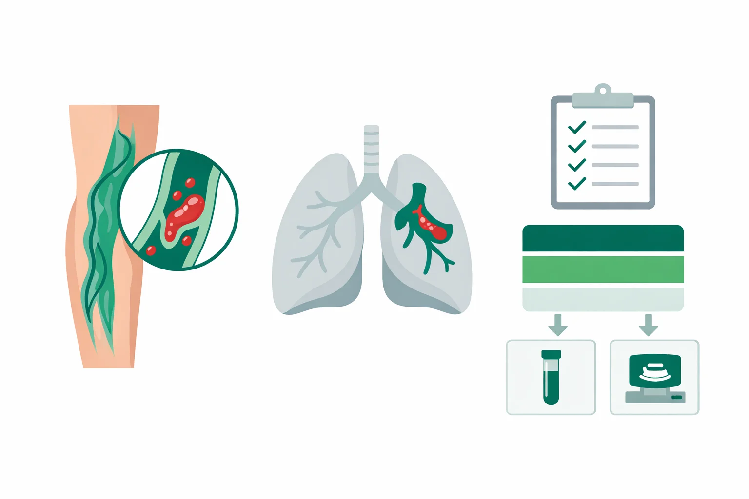Medical illustration of a swollen leg vein with a clot and lungs with an embolism beside a Wells criteria checklist and risk tiers leading to D-dimer or imaging